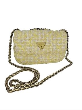 Guess Giully Yellow & White Tweed Mini Convertible Crossbody Flap Bag Purse